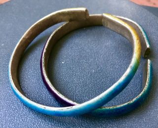 Pair Chinese Antique Silver Rare Ombre Enamel Bangles Wedding Bracelets Stamped 5