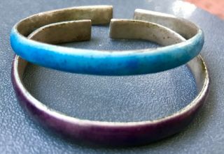 Pair Chinese Antique Silver Rare Ombre Enamel Bangles Wedding Bracelets Stamped 6
