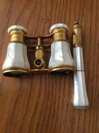 Antique France Opera Glasses With Handle Mother Of Pearl