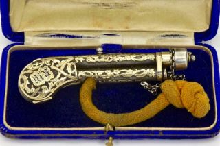 One Of A Kind Antique Imperial Russian Silver&24k Gold Lighter In Form Of Pistol
