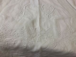 Antique French Finest Linen Fil De Lin Sheet With Grapes Embroidery N Monogram