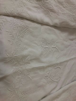 Antique French finest linen fil de LIN sheet with grapes embroidery n monogram 8