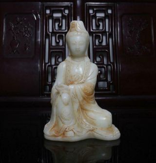 Old Fine Chinese Carved White Jade Statue Guanyin Buddha H10.  63”