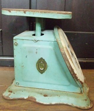 Vtg PELOUZE Family Scale Farm Art Deco Kitchen 24 Lb Green Metal Robins Egg Blue 2