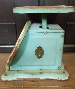 Vtg PELOUZE Family Scale Farm Art Deco Kitchen 24 Lb Green Metal Robins Egg Blue 7