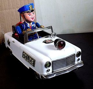 Vintage Tin Battery - Op Mystery Action Police Car,  Nomura Toys (T.  N) Japan.  EXiB 3