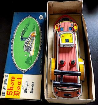 Vintage Tin Battery Op Show Boat With Whistle & Smoke,  Modern Toys,  Japan.  EXiB 12
