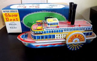 Vintage Tin Battery Op Show Boat With Whistle & Smoke,  Modern Toys,  Japan.  Exib
