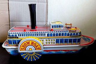 Vintage Tin Battery Op Show Boat With Whistle & Smoke,  Modern Toys,  Japan.  EXiB 2