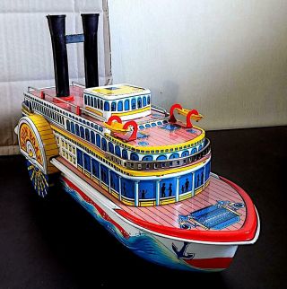 Vintage Tin Battery Op Show Boat With Whistle & Smoke,  Modern Toys,  Japan.  EXiB 3