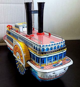 Vintage Tin Battery Op Show Boat With Whistle & Smoke,  Modern Toys,  Japan.  EXiB 4