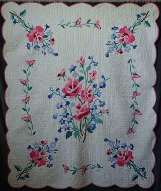 Glorious Handwork Vintage Romantic Pink Roses Applique QUILT Fine Quilting 2