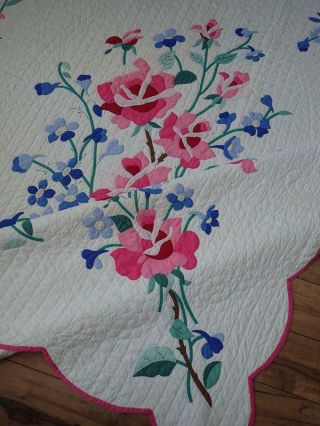 Glorious Handwork Vintage Romantic Pink Roses Applique QUILT Fine Quilting 4