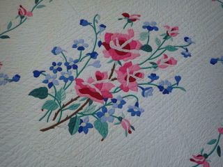 Glorious Handwork Vintage Romantic Pink Roses Applique QUILT Fine Quilting 7