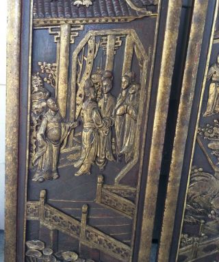 Two Antique Chinese Carved Wood Golden Gilded Panel LARGE 12