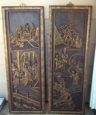 Two Antique Chinese Carved Wood Golden Gilded Panel LARGE 2