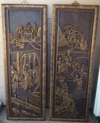 Two Antique Chinese Carved Wood Golden Gilded Panel LARGE 3