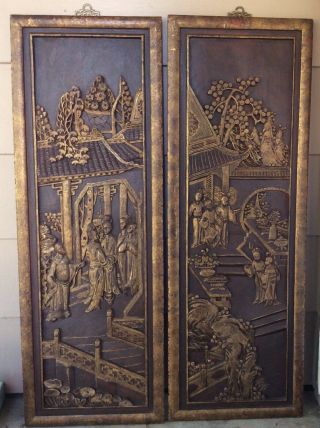 Two Antique Chinese Carved Wood Golden Gilded Panel LARGE 4