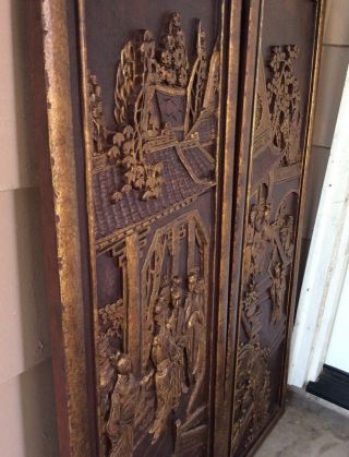 Two Antique Chinese Carved Wood Golden Gilded Panel LARGE 6