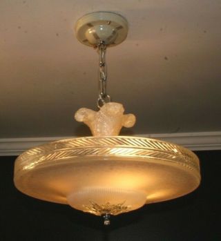 Antique Subtle Pink Glass 16 " Art Deco Ceiling Light Fixture Chandelier 1940s