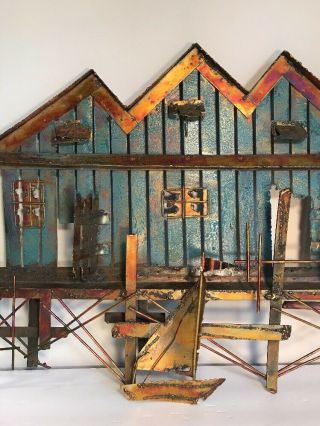 MCM Jere Style Metal 3D Wall Sculpture Sailboats & Boathouse 17 X 33” 4
