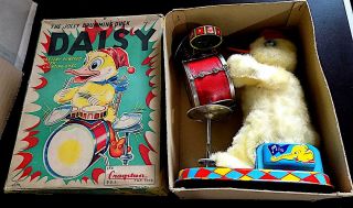 Vintage Tin Battery - Operated Daisy the Jolly Drumming Duck,  Alps Co.  Japan EXiB 12