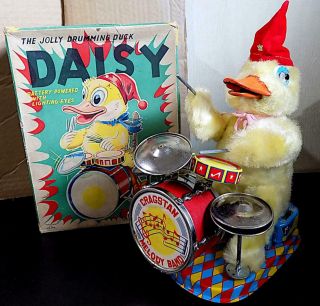 Vintage Tin Battery - Operated Daisy The Jolly Drumming Duck,  Alps Co.  Japan Exib