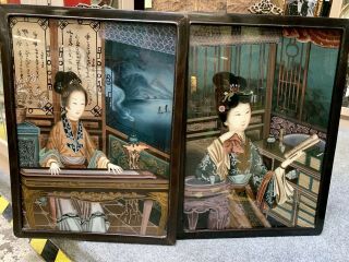 Vintage Chinese Reverse - Painted Glass Paintings Of A Beauties.