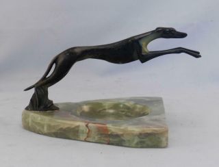 Antique Art Deco Austrian Bronze Cold Painted Greyhound Dog On Green Onyx Base