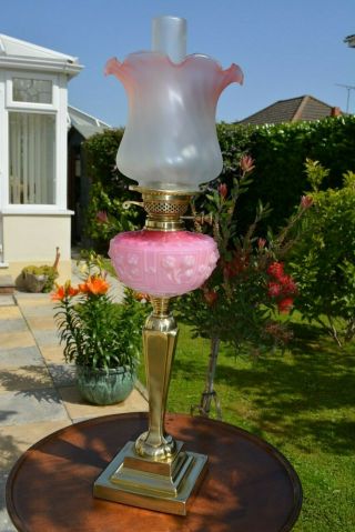 Victorian Twin Burner Oil Lamp Pink.  Cranberry Font And Shade Solid Brass Base