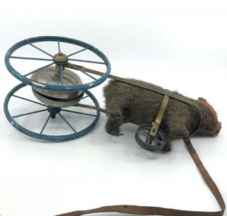 Bing Germany Bear Bell Pull Along Toy 1900 Mohair Plush Putz Steel Wagon Antique 11