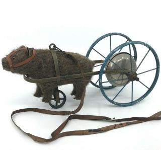 Bing Germany Bear Bell Pull Along Toy 1900 Mohair Plush Putz Steel Wagon Antique