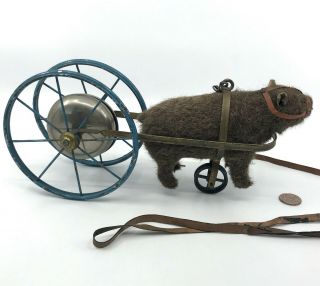 Bing Germany Bear Bell Pull Along Toy 1900 Mohair Plush Putz Steel Wagon Antique 2