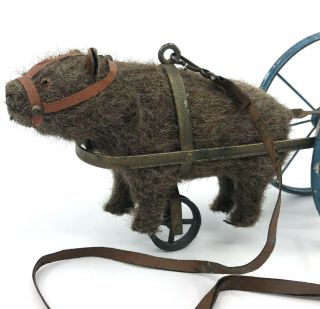 Bing Germany Bear Bell Pull Along Toy 1900 Mohair Plush Putz Steel Wagon Antique 3