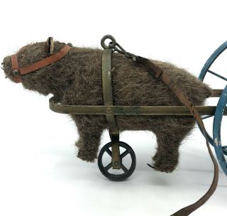 Bing Germany Bear Bell Pull Along Toy 1900 Mohair Plush Putz Steel Wagon Antique 6