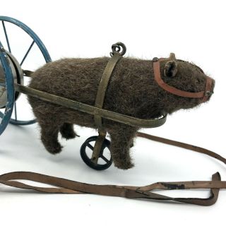 Bing Germany Bear Bell Pull Along Toy 1900 Mohair Plush Putz Steel Wagon Antique 7