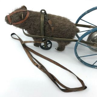 Bing Germany Bear Bell Pull Along Toy 1900 Mohair Plush Putz Steel Wagon Antique 8
