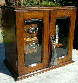 Victorian Oak Smokers Cabinet Bevelled Glass Doors Lock & Key Desktop Cabinet
