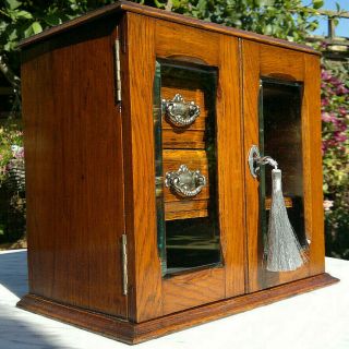 Victorian Oak Smokers Cabinet Bevelled Glass Doors Lock & Key Desktop Cabinet 2