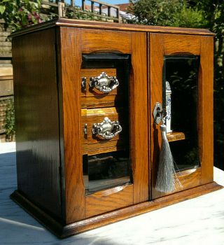 Victorian Oak Smokers Cabinet Bevelled Glass Doors Lock & Key Desktop Cabinet 3
