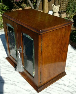 Victorian Oak Smokers Cabinet Bevelled Glass Doors Lock & Key Desktop Cabinet 5