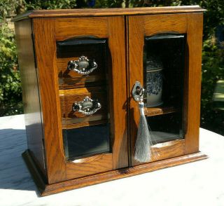 Victorian Oak Smokers Cabinet Bevelled Glass Doors Lock & Key Desktop Cabinet 6