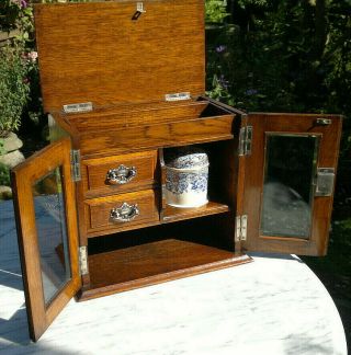 Victorian Oak Smokers Cabinet Bevelled Glass Doors Lock & Key Desktop Cabinet 7