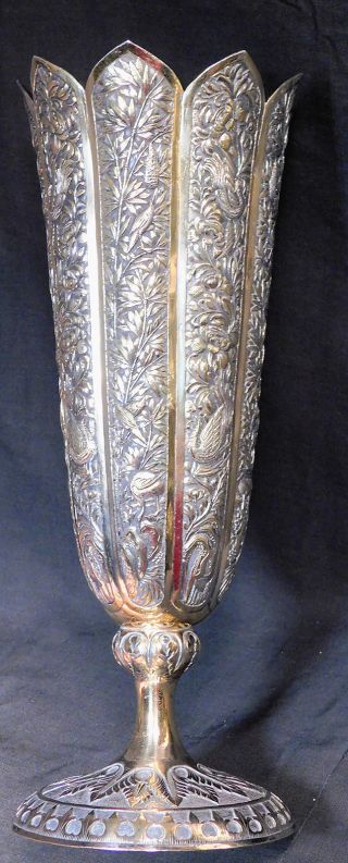 Antique Solid Silver Gilt Chased Repousse Tulip Vase India Raj Birds Flowers Old
