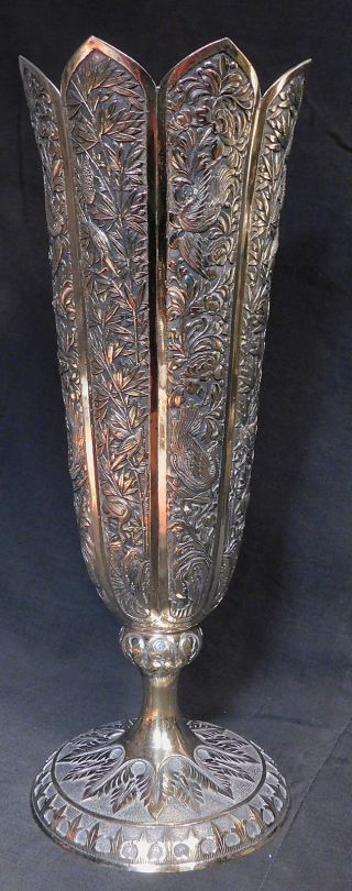 Antique Solid Silver Gilt Chased Repousse Tulip Vase India Raj Birds Flowers OLD 4