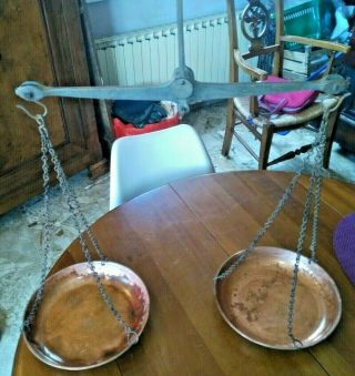 rare antique balance cast iron scale,  with 2 copper trays vintage 3