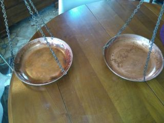 rare antique balance cast iron scale,  with 2 copper trays vintage 4