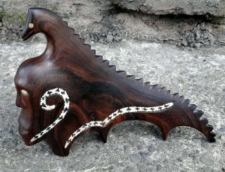 Solomon Islands Carved Hardwood Figure Polynesian Shell Inlay Mother Of Pearl