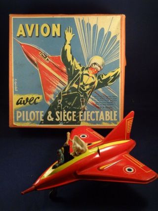 Vintage Tin Toy Aircraft Aeroplane Wind - Up Supersonic Pilot Ejected Joustra 1952