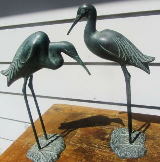 Pair Vintage Hollywood Regency Chinese Asian Bronze Cranes Sculptures Figures